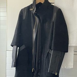 Badgley Mischka Black Wool Coat with Leather Sleeves Size XS